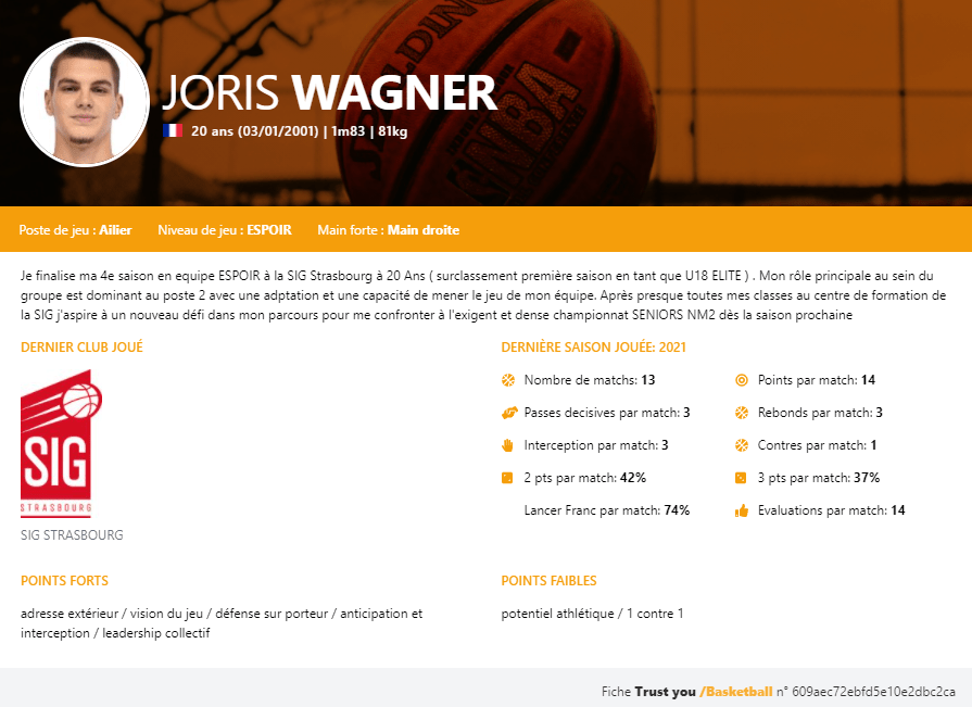 fiche joueur Joris Wagner Fiche joueur Joris Wagner profil 2